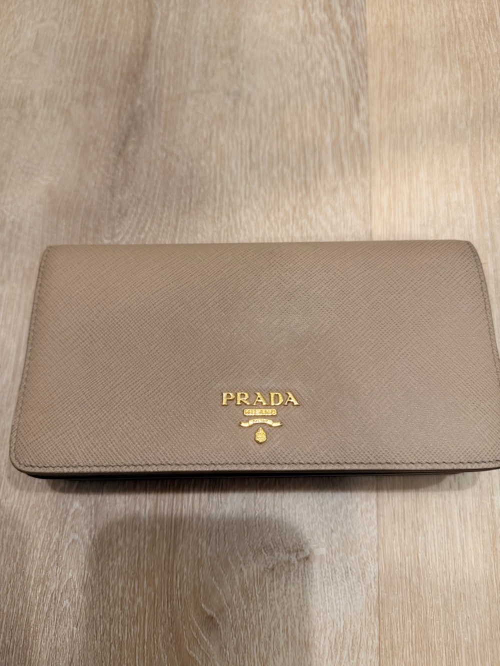 Prada Taupe Saffiano Continental Wallet with Gold Logo